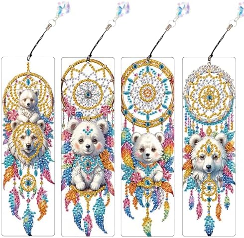 4 Pcs Diamond Painting Bookmarks, White Bear and Lion Dreamcatcher DIY Diamond Art Kits for Adults, Rhinestone Drill Crafts Bookmarks with Tassel for Graduation Birthday Gifts
