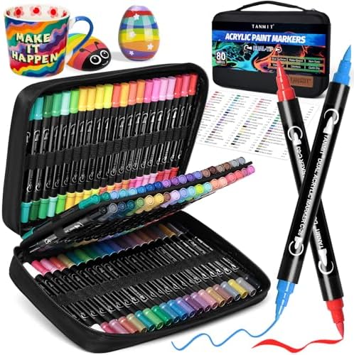 TANMIT 80 Colors Dual Tip Acrylic Paint Markers, Paint Pens Set with Brush Tip and Fine Tip For Fabric, Rock, Wood, Glass, Eggs, Scrapbook, DIY Crafts Making Art Supplies - Teacher Appreciation Gift