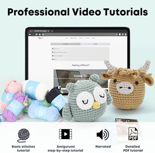 CrochetBox Crochet Kit for Beginner, Highland Cow and Owl Learn How to Crochet Stuffed Animals Gift for Adults and Teen(), Knitting Set with Yarn Hook Stitch-by-Stitch Video Tutorial