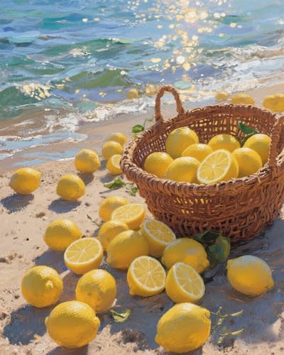 Lemon Paint by Numbers Kit for Adults,DIY Fruit and Beach Scenery Watercolor Painting Kit for Adult Beginners,Unframed Landscape Acrylic Paint by Number Kits Art Craft for Home Wall Decor 16X20 Inch.