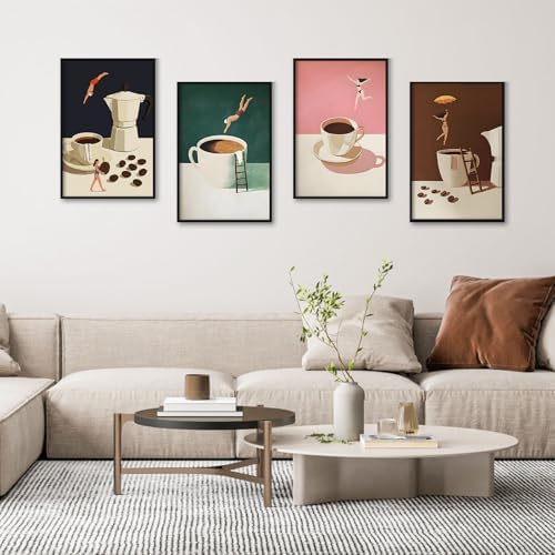 Camocin 4 Pack Framed Paint by Numbers Kit for Adults with Wooden Easel | Funny Coffee Artwork, DIY Canvas Painting Set, Kitchen Coffee Bar Decor, Minimalist Style, Beginner Friendly, 8x12 Inch