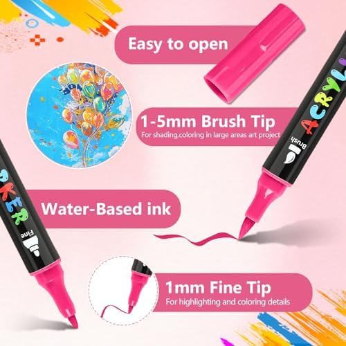 IVSUN Acrylic Paint Pens, 60 Colors Water-Based Dual Tip Paint Markers | with Fine and Brush Tip for Stone, Wood, Canvas, Calligraphy, Ceramic, Metal, Glass, Rock Painting, DIY Crafts