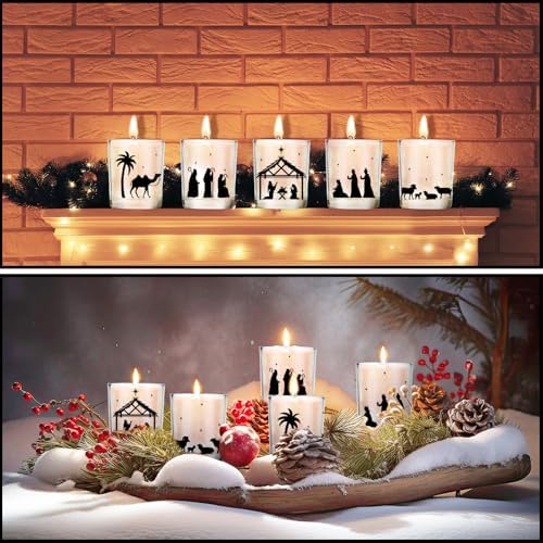 Ziliny 10 Pcs Christmas Glass Candle Jars Empty Containers Bulk 7 oz Glass Jars with Cork Lids Tins for Candle Making Storing Biscuits Tea Party Favors(Nativity)