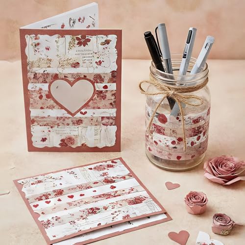 Washi Tape Set, 24 Rolls Red Vintage floral Journaling Supplies,for Christmas Valentine's Day Journaling Supplies Journal Scrapbook Tape, Bullet Journaling Scrapbooking Supplies, DIY Art Decorative