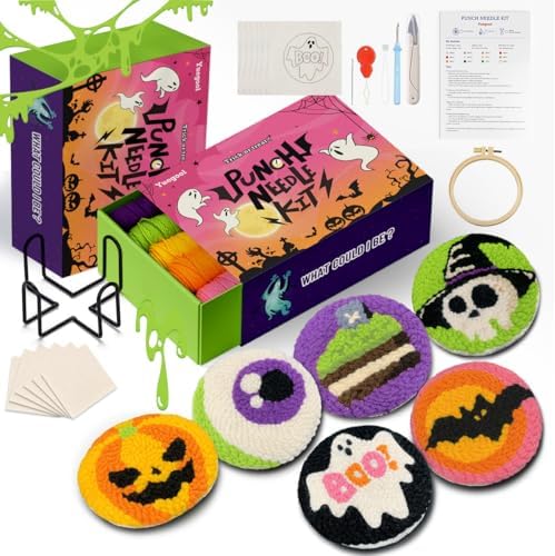 yuegool 6PCS Enchanted Oddities Punch Needle Coasters Kit – Easy DIY Embroidery Kit for Beginners, Adults & Kids | Includes Patterns, Tools, Yarns, Hoop, Instructions, Coaster Holder