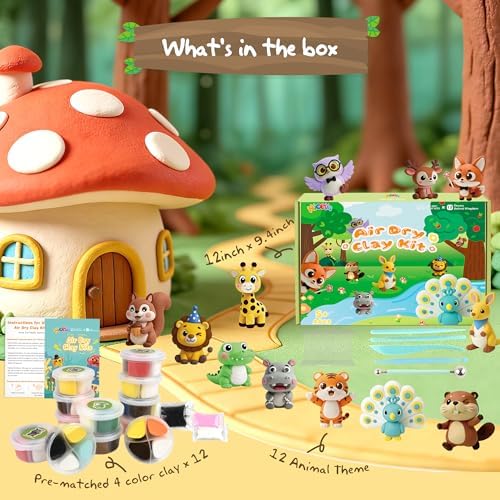 Nicella Air Dry Clay Kit, 12 Animals Modeling Clay for Kids, Model Magic Clay with Sculpting Tools and Tutorials, Safe & Non-Toxic, DIY Arts & Crafts School Projects, Home Party Favors for Boys Girls
