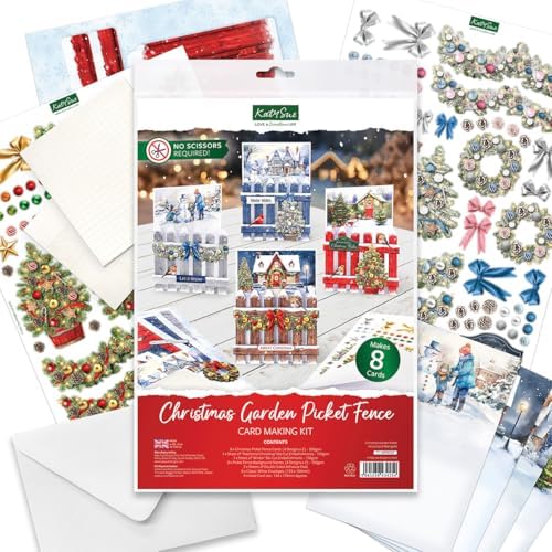 Katy Sue Christmas Garden Picket Fence Card Making Kit - 8 Shaped Cards, Die-Cut Embellishments, Background Scenes, Foam Pads, Instructions & 8 Envelopes for Christmas Card Making Supplies. UK-Made.