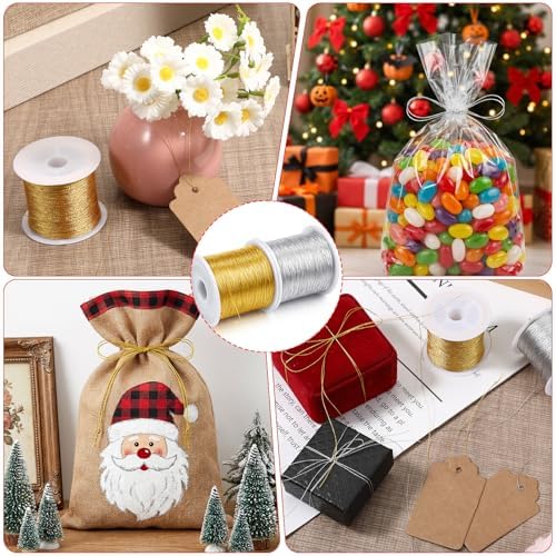 4 Spools 1837 Feet Metallic Thread, 0.2 mm Ornament String Christmas Cording Gold String Silver Craft Strings Tinsel Ribbon Bracelet Strings for Jewelry Making Gift Wrap Craft Making (Gold, Silver)
