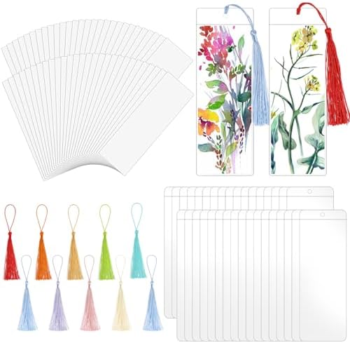 60 Sets Blank Kraft Paper Bookmarks Kit with Tassels and PVC Sleeves