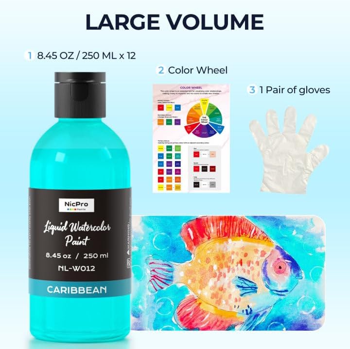 Nicpro 12 Colors Liquid Watercolor Paint Set, 8.45oz Large Bulk Water Color