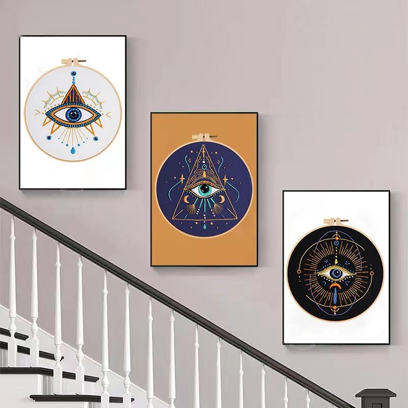 Konrisa 3 Pcs Embroidery Kits with Tarot Cards and Eyes Pattern, Stamped Embroidery Starter Kit for Beginners Adults Needlepoint Kits DIY Sewing Cross Stitch Practice Kit Home Decoration