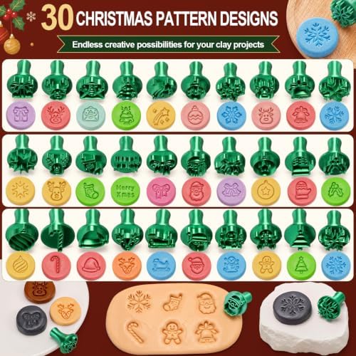 30 Pcs Christmas Pattern Clay Modeling Stamp Set with 72-Character Letter Stamps and Storage Box, Christmas Pattern Stamps for Polymer/Ceramic Clay, Pottery Craft, Cookie and Jewelry Making