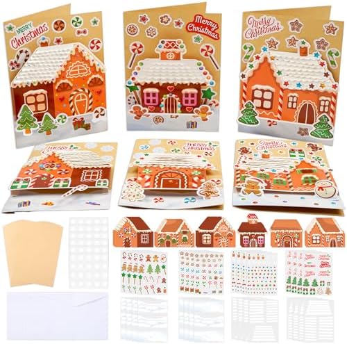ojustbeok 24 Sets Christmas Gingerbread Craft Kit for 3D Gingerbread House Card Making Your Own Festive Winter Greeting Cards Xmas DIY Card Crafts for Holiday Home Art Crafts Supplies