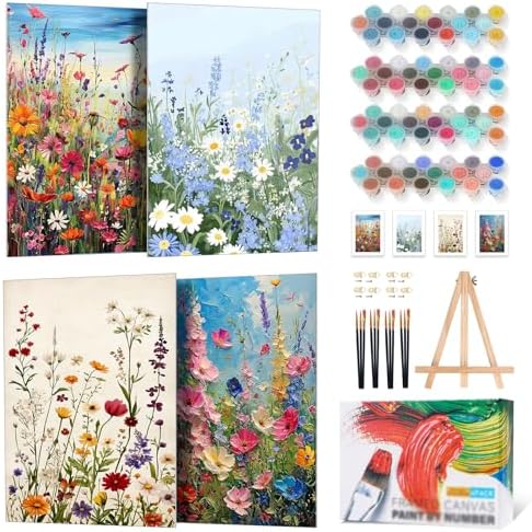 4 Pack Framed Paint by Numbers Kit for Adults Wildflowers with Wooden Easel | With Frame Canvas, Flowers DIY Acrylic Painting, For Adults Beginner, Stress Relief Craft Kits, Home Wall Decor Gift, 8x12 IN