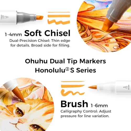 Ohuhu Alcohol Markers 72 Colors Brush& Soft Chisel for Adult Cozy Coloring | Dual Tips Drawing Markers for Artists Beginners Illustration Sketching, AP Certified Refillable Alcohol-based, Honolulu 2S