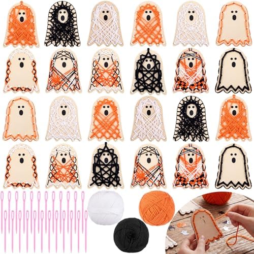 Kathfly 24 Set Halloween Wooden Craft Kit Ghost String Craft Ornaments with Yarn and Plastic Weaving Tools DIY Art Hanging Decorations for Classroom Halloween Haunted House Party Favor Home Activities