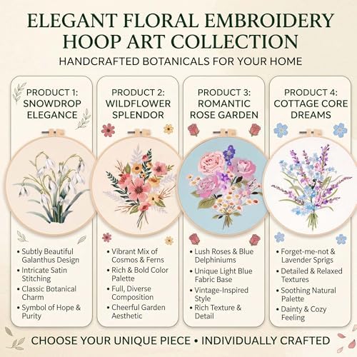 Harimau Adult Beginner Embroidery Starter Kit, Complete Set with 4 Patterns, 2 Hoops, Needles, Scissors, Instruction Guide & Stitching Video Tutorials