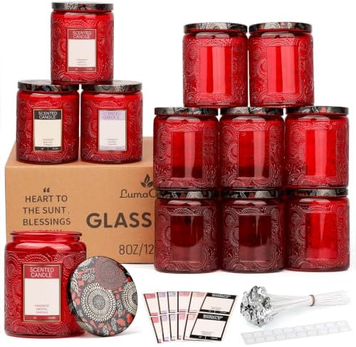 LumaCraft Luxury Embossed Glass Candle Jars for Making Candles - 12 Pack 8oz Empty Candle Containers with Airtight Metal Lids, 20 Wicks & 20 Stickers, Colored Glass Jars for Gifts & Decor