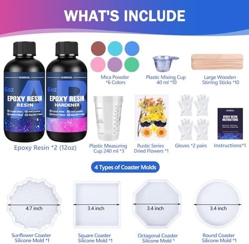 KISREL Epoxy Resin Kit for Beginners, 12OZ Resin Kit with Silicone Coaster Molds, Complete Accessories Include Mica Powders, Dried Flowers, Measuring Cups and Other Resin Supplies for DIY