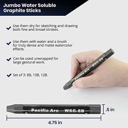 Pacific Arc Jumbo Water Soluble Graphite Sticks Set of 3, Soft 12B, 10B, 8B