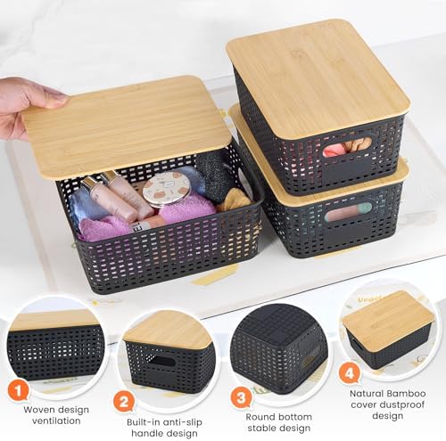 Ohmlove 6 Pack Plastic Storage Baskets with Bamboo Lids for Organization
