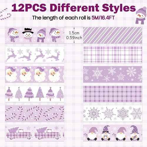 Purple Christmas Washi Tape - 12 Rolls Elegant Santa Reindeer Snowflake Watercolor Double Sided Scrapbook Masking Washi Tape School Office Adhesive Glue Scrapbooking Supplies Gift Wrapping