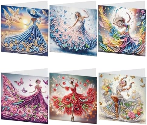 antor 6 Pcs 5D Diamond Painting Greeting Cards Kits, Elegant Lady DIY Diamond Art Cards with Envelopes, Handmade Rhinestone Greeting Card Set for Birthdays & Holidays