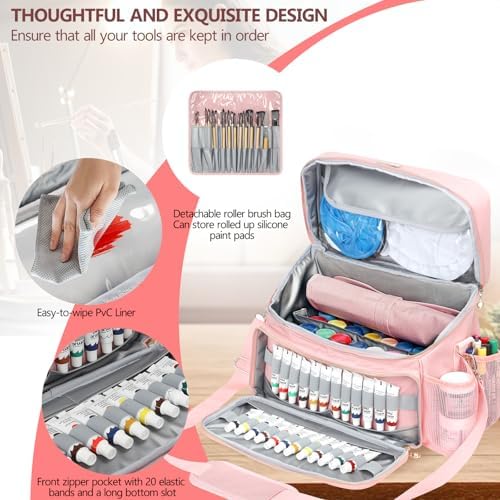 Acrylic Paint and Brush Set Organizer Bag - Carrying Case Compatible with Apple Barrel, Shuttle Art, Caliart Art Supplies - Includes Detachable Paint Brush Holder - for Home/Travel/Outdoor (Pro Pink)