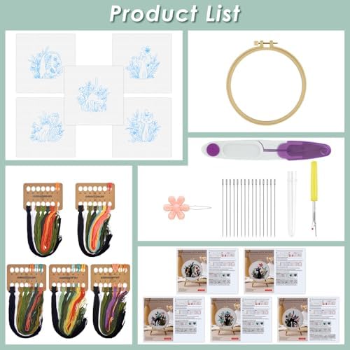 ERKOON 5 Sets Embroidery Kit for Beginners Adult Cat Cross Stitch