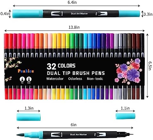 Peablce Art Markers Brush Pen Markers for Adult Coloring 32 Colored Pens | Fine Point Highlighter Pen & Brush Markres for Journaling Note Taking Planner