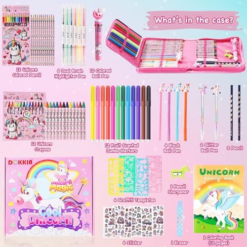 DOKKIA Fruit Scented Coloring Pens Markers Set 65 PCS Art Craft Drawing Case - Washable Kits Pencil,Gel Pen,Crayon&Coloring Book Supplies Flamingo Toucan Pink