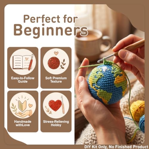 DIY Crochet Earth Globe Kit for Beginners – Handmade Amigurumi Planet Ball Craft Set with Yarn, Fiberfill, Keychain Strap & Instructions – Easy Beginner Crochet Decor and Pendant Gift for Adults