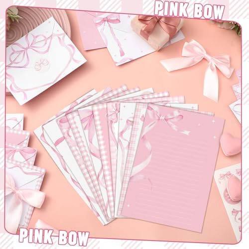 TaoBary 160 Pcs Pink Bow Stationery Paper Set for Girls with Stationery Letter and Envelopes 50 Double Sided Papers with 50 Matching Envelopes and 60 Round Dot Sticker 10 Design (5.5 x 8.25 Inch)
