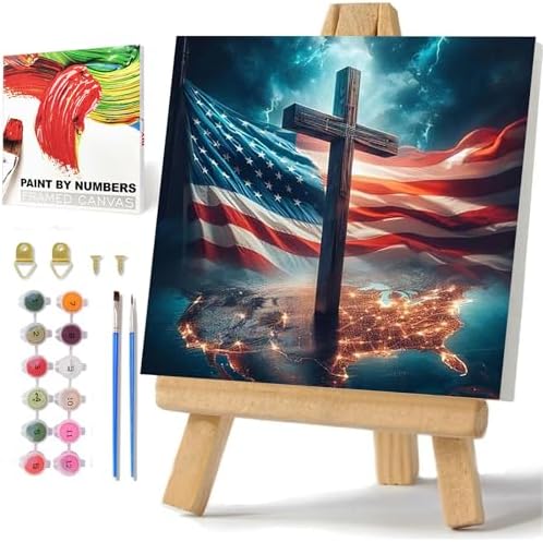 American Flag Paint by Numbers Kit for Adults, Paint by Numbers 10x10 Inch | Cross Framed Paint by Numbers with Easel, Acrylic Painting by Numbers, DIY Arts and Crafts for Gifts or Home Decor