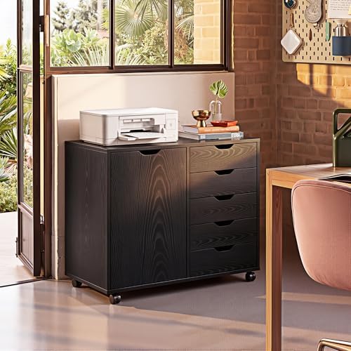 DEVAISE 5-Drawer Wood Drawer Cabinet, Office Storage Cabinet, Black | Craft Storage Cabinet, Under Desk Drawer, Rolling Cart Furniture, Adjustable Shelf & Wheels, Printer Stand, Home Office