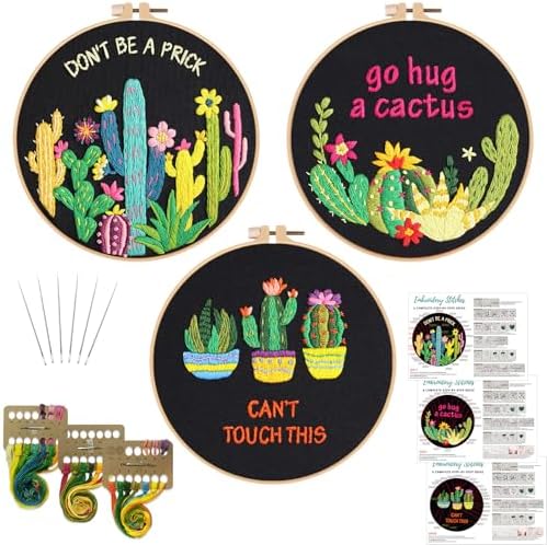 Louise Maelys 3 Pack Funny Cactus Embroidery Kit for Beginners DIY Craft
