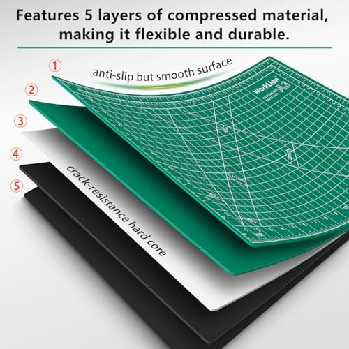 Worklion Self Healing Craft Mat: 18"x12" Rotary Cutting Mat for Sewing,Quilting,Leather,Craft,Fabric,Model,Art,Clay,5-layer 2-sided Cutting Mat, green and black