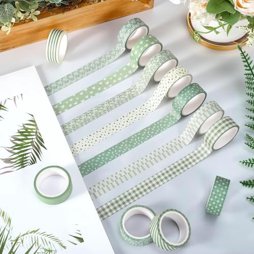 Whaline 12 Rolls Sage Green Floral Washi Tape Masking Tape Set Flower Leaves Plaid Striped Decorative Wrapping Paper Tapes Boxed for Wedding Scrapbook Journal DIY Crafts