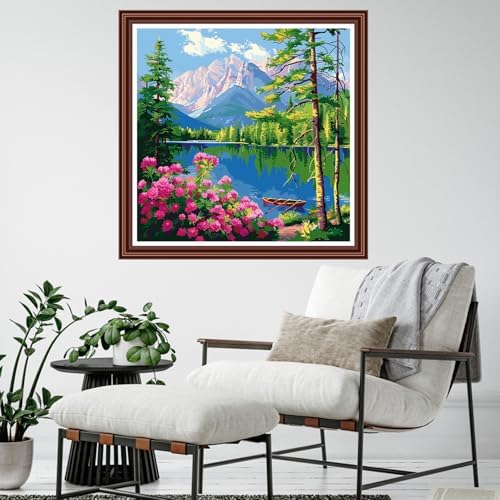 Dimensean Counted Cross Stitch Kit for Beginners, 11CT Unprinted Cross-Stitch Kit Easy Patterns Needlepoint Kit Cross Stitching Embroidery Kit Supplies-Landscape of Mountains and Rivers 18x18 inch