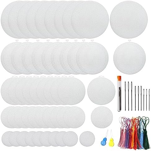 Allazone 58 PCS Mesh Plastic Canvas Sheets 5 Size Round Clear Plastic Canvas for DIY Crafts Embroidery Cross Stitch, Acrylic Yarn Crafting, Knit and Crochet Projects
