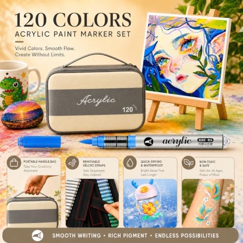 120 Color Acrylic Paint Markers Set – Soft Brush Tip Acrylic Paint Pens and Markers for Artists, DIY Crafts, Canvas, Wood, Glass, Rocks, Fabric and More Creative Projects(GREY)