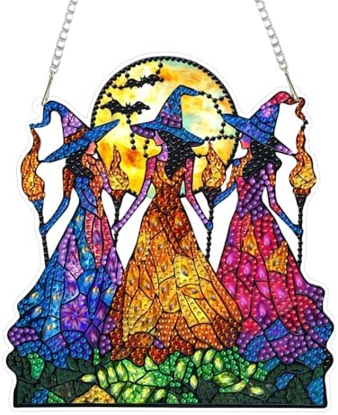 CRZMODE Witch Diamond Art Hanging Kit for Adults, Witch Pendant Diamonds Painting Art Kit, Special Crystal Diamond Art Painting Pendant Ornament, Craft Gift for Women Home Window Decor