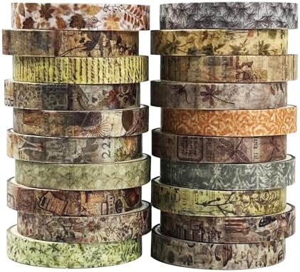 Vintage Brown Skinny Washi Tape Set 20 Rolls -Antique Patterns Masking Thin Basic Decorative Tapes for Arts, DIY Crafts, Bullet Journal, Planners, Scrapbook Decor, Gift Wrapping, Junk Journal