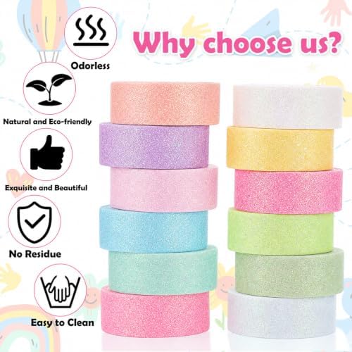 TIESOME 12 Rolls Glitter Washi Tape Set,15mm Macaron Cute Colored Tape