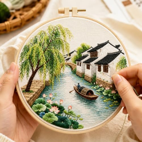 Zhenqing Landscape Embroidery Kit Set for Beginners, 4 Pack Garden & Cottage Needlework Craft Collection with Pre-Printed Cotton Fabric, Hoop, Threads & Tools(JC0285)