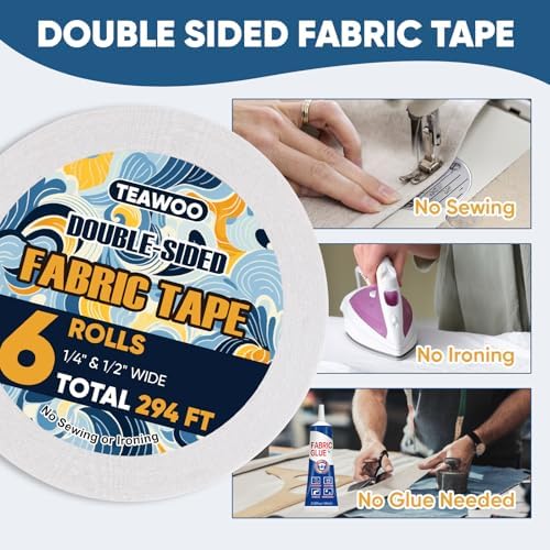 TEAWOO 6 Rolls Double Sided Fabric Tape, 294 FT Hem Tape No Sewing No Iron