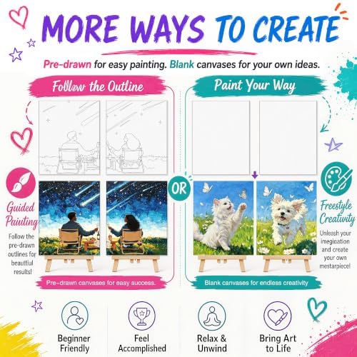QUANWAISJ Sip and Paint Kit for Adults, Pre Drawn Canvas for Painting for Adults, 2 Pack Canvas Painting Kit, Paint Party Kit, Date Night Activities for Couples, Valentine’s Day (Starry Wishes)