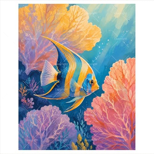 Ocean Animals Digital Painting Kit for Adults - DIY Tropical Angelfish Coral Reef Oil Painting on Canvas 16x20 Inches, Acrylic Paint Kit, Good for Beginners, Coastal Home Decor or Gift Artwork