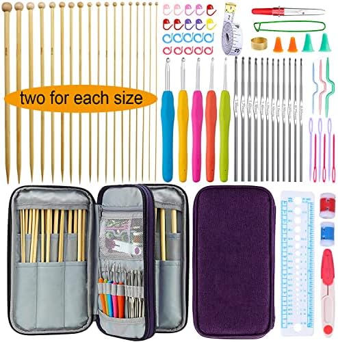 Mdoker 95pcs Knitting Needles Kit&Crochet Hooks Set 36 Straight Bamboo Knitting Needle 12 Small Size Lace Crochet Hook 5 Ergonomic Crochet Needles Knitting Set with Knitting Supplies&Accessories