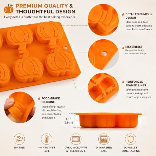 2 Pack 6-Cavity Pumpkin Silicone chocolate Molds, Fall Baking Molds